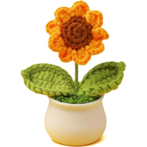 Fleur En Crochet - Tournesol Artificiel Miniature - Tige Flexible - Décoration Bureau Maison Voiture - Lot De 1 (1/5)