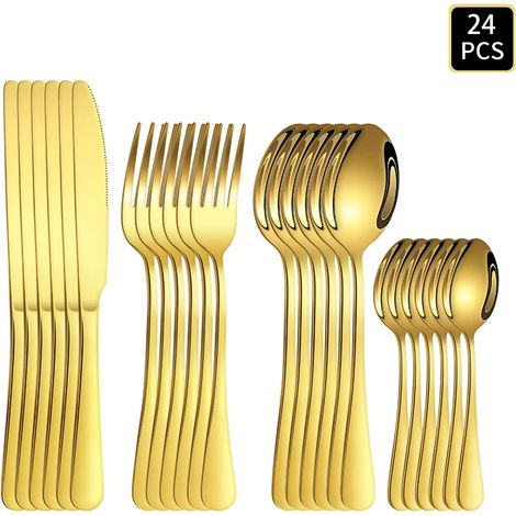Ensemble de couverts en acier inoxydable (24 pièces, doré), couverts à manche rond 1010 (1/5)