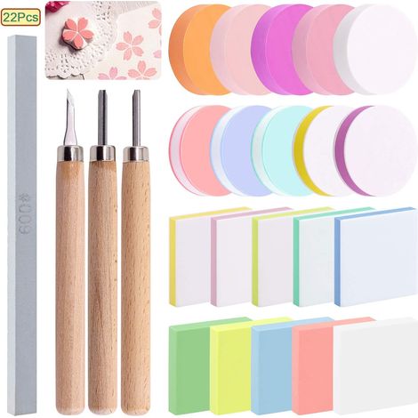 Kit Gravure Tampon 24 Pièces, Blocs Caoutchouc Ronds et Carrés Multicolores, Ciseaux de Gravure et Pierre à Aiguiser pour Impression Artistique et Loisirs Créatifs (1/5)