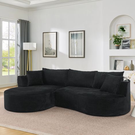 3-Sitzer Kompressionssofa,Linke Chaiselongue + 2-Sitzer , Bogenförmiges Design, weicher Kordstoff, mit Getränkehalter und Kissen, vakuumverpackt, für Wohnzimmer, Hotel, Apartment und Büro,Black