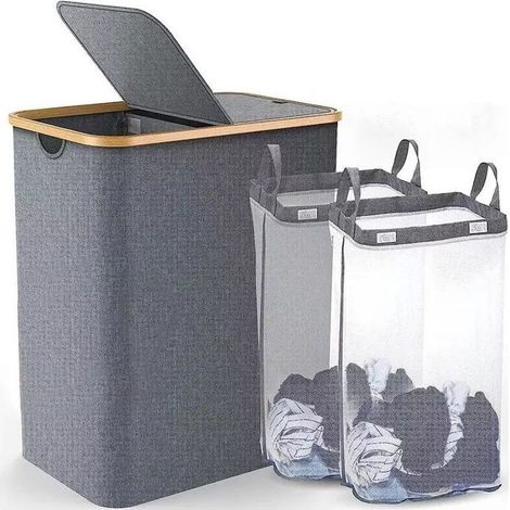 x 150-Liter-Wäschekörbe, fahrbarer Wäschewagen mit herausnehmbarem Innensack, separate Fächer, grau, für Badezimmer oder Waschküche (1/5)