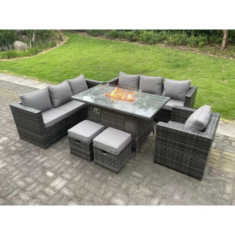 Fimous Rattan Gartenmöbel Sofa Set Outdoor Patio Gas Feuer Grube Esstisch Gas Heizung Brenner mit Sessel 2 Kleine Hocker 9 Sitz Dunkelgrau gemischt (1/5)