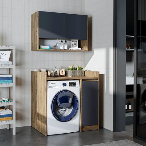 Derin Washing Machine Cabinet with Integrated Side Storage and Wall Unit, 100cm - Oak Effect and Anthracite (1/5)