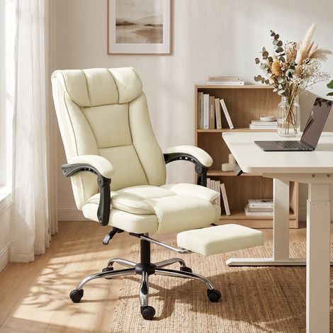 Chaise de bureau ergonomique avec repose-pieds. revêtement en similicuir. roulettes. pivotante. structure en métal. beige et noir