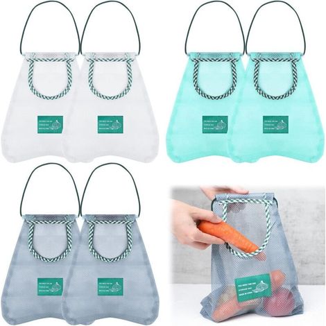 Zwei hängende Aufbewahrungsnetze aus wiederverwendbarem und atmungsaktivem Polyester, geeignet zur Aufbewahrung von Zwiebeln, Kartoffeln, Gemüse und verschiedenen Küchenutensilien. (1/5)