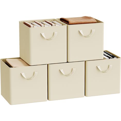 Lot de 5 Cubes de Rangement WOLTU, 29,5x29,5x28,5 cm, Boîte Rangement Pliable, avec Poignée, Cadre en Métal, en Tissu, Crème