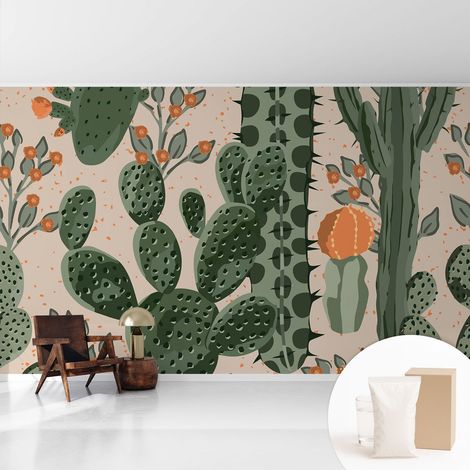 Papier peint intissé mural avec imprimé motifs décoratifs - style contemporain - Colle incluse gratuite Cactus verts 416x254 cm (1/5)