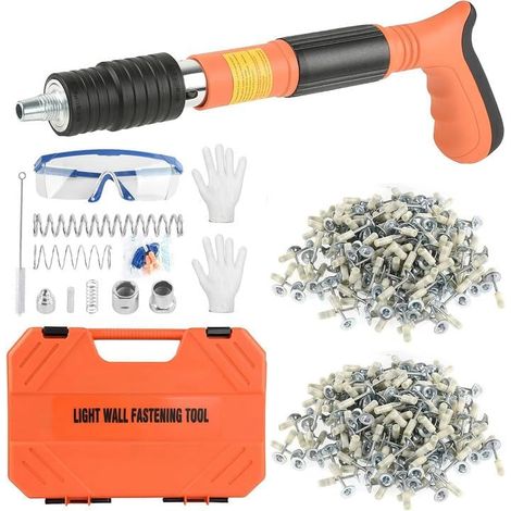 Pistolet à clous manuel pour béton 5 puissances réglables, cloueuse portable avec 200 clous ronds, outil de fixation pour mur béton bois plafond couleur orange (1/5)