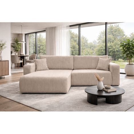 Canapé d'Angle réversible convertible avec fonction de couchage coffre universel en velours côtelé beige Flora L