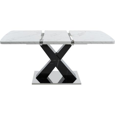 Table à manger rectangulaire moderne extensible 120-160 cm avec plateau effet marbre blanc et pieds en MDF noir en X (1/5)