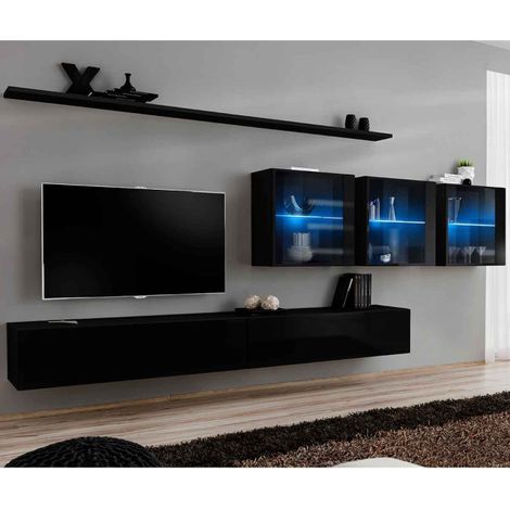 Meuble TV Mural Design "Switch XVII" 340cm Noir (1/4)