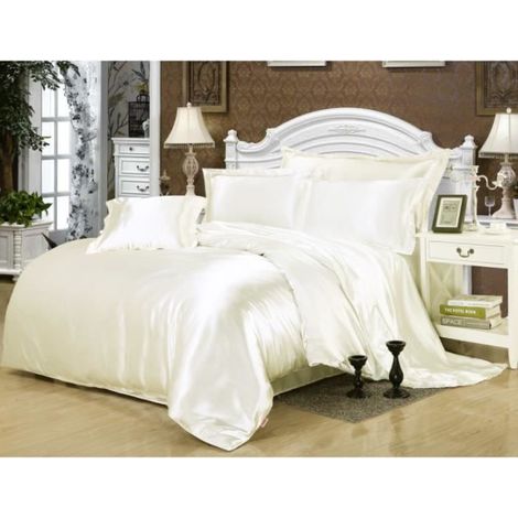 Parure de drap en Soie Satinée - Parure de lit 4 Pcs = 2 Taies d'oreiller, 1 Drap, 1 Housse de Couette - 200x230cm - blanc
