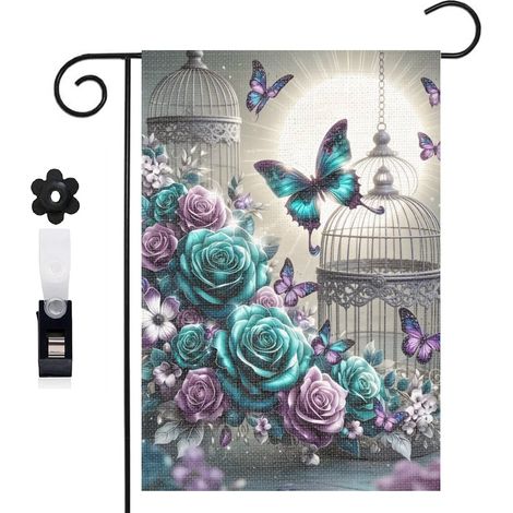 Drapeau vertical composition florale et Welcome doré 30 x 45 cm décoration saisonnière extérieure (1/5)