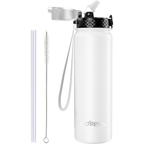 Edelstahl Thermosflasche 1L mit Strohhalm, auslaufsicher, BPA-frei, weiß (1/5)