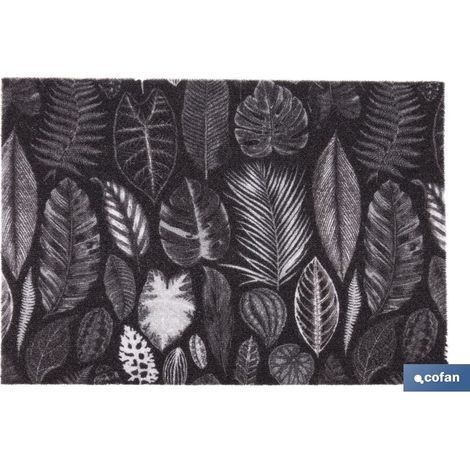 Felpudo de entrada con diseño de hojas en tonos oscuros 50x70cm fabricado en poliéster y PVC con base antideslizante (1/4)