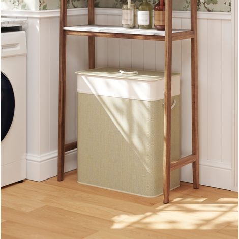 Wäschekorb 52x32x63 cm aus weißem Bambus mit Deckel, platzsparend fürs Bad – MEUBLIV (1/5)