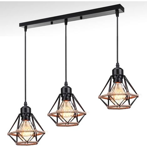 3 Focos STOEX Industrial Lámpara de Techo E27 Metal Cuerda de Heno Luz Colgante Sala de Estar Dormitorio Iluminación de Techo Ø16cm Negro (1/5)