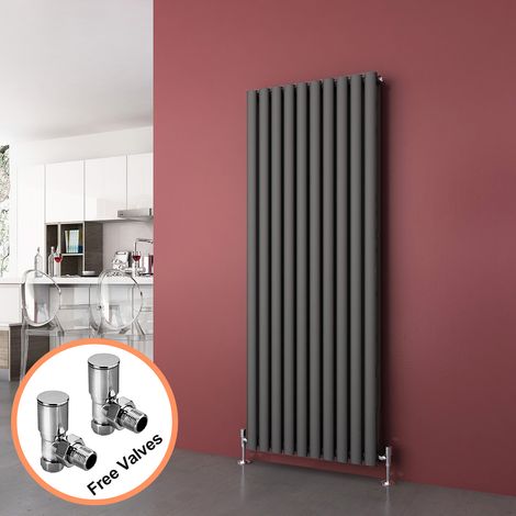 ELEGANT 1600 x 590 mm Vertical Column Designer Radiator Double Oval Panel Anthracite Central Heating Radiators + Angled Radiator Valves (1/5)