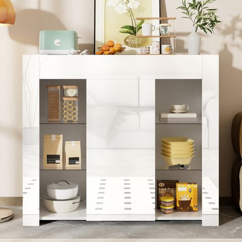 Buffet avec étagères en verre et portes de rangement, finition marbre, charnières de sécurité à fermeture douce, 95x35x83 cm, design, Blanc (1/5)