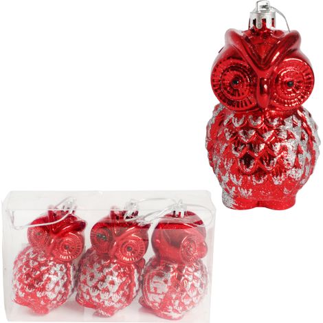 Set di 3 palline di Natale a forma di gufo da 10 cm - Ornamenti natalizi resistenti e decorativi, colore rosso (1/5)
