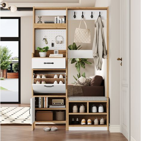 Mobile da ingresso 108.5x35x180 cm bianco e rovere in pannello truciolare con panca imbottita e scarpiera (1/5)