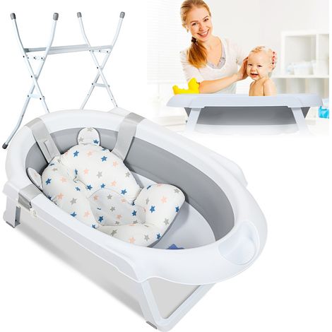 Randaco Baignoire bébé pliable avec support, capacité de charge jusqu’à 10 kg, avec coussin de bain (Gris)