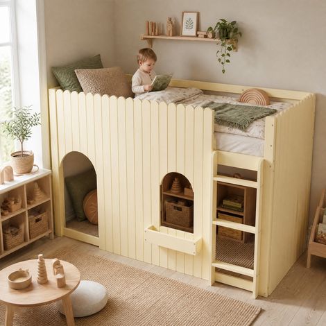 Cama infantil elevada 90x200 cm con LED, escalera de 3 peldaños, madera y MDF, natural DESVIAE (1/5)