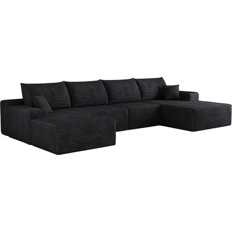 Canapé d'angle modulaire 340 cm avec chaise longue en velours côtelé noir, sans montage (1/5)