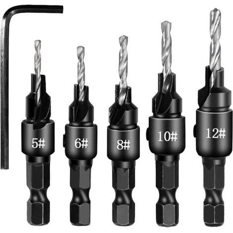 5-teiliges Anfasbohrer-Set, 1/4"-Schnellwechsel-Fräser-Set mit verstellbarem Sechskantschaft, austauschbare Fräser mit Sechskantschlüssel, Holzbearbeitungs-Bohrer-Set (1/5)