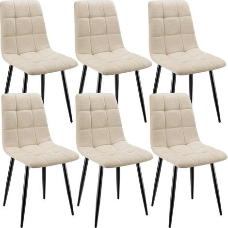 Lewe – Lot de 6 chaises de salle à manger rembourrées – Dossier haut en lin beige – Design damier – Pieds en fer forgé inoxydable