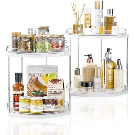 Lot de 2 organiseurs de plateau tournant à 2 niveaux, étagère à épices amovible pour armoire, organisateur de maquillage pour coiffeuse, grande suspension rotative pour cuisine, garde-manger, (1/5)
