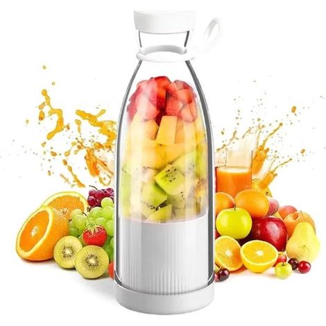 Eine 380-ml-Flasche für frisch gepressten Saft, ein USB-Mixer und ein tragbarer Mixer/Smoothie-Maker. (1/4)