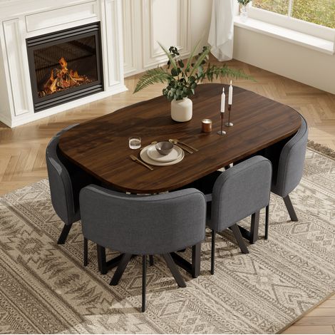 Set da pranzo in MDF e lino grigio, 6 posti, con tavolo 140x90 cm e sedie salvaspazio (1/5)