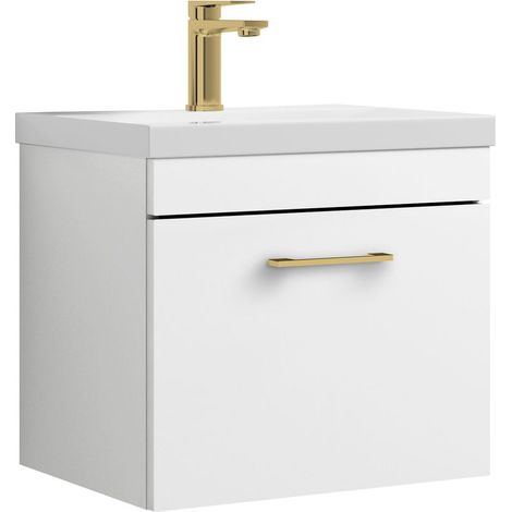 Millwich 1 Drawer Wall Hung Vanity Basin Unit - 500mm - Gloss White with Brushed Brass D-shaped handle (Tap Not Included) (1/4)