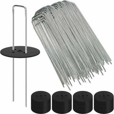 Paillage pour plante Lot de 60 agrafes de jardin paysager de 15 cm + 60 joints d'étanchéité, piquets de sol galvanisés en forme de U de calibre 11 pour tissu anti mauvaises herbes, tuyau d'irrigation (1/5)