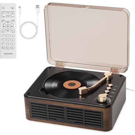 Lecteur CD Guéray avec haut-parleurs, son stéréo HiFi pour la maison, lecteur CD rétro en bois Bluetooth avec radio FM et télécomman (1/5)