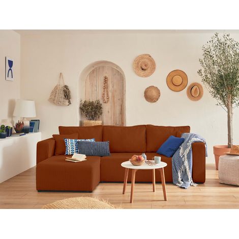 Bestmobilier – Canapé d'angle réversible 4 places convertible – Coffre de rangement – Velours côtelé terracotta – Fabrication européenne (1/5)