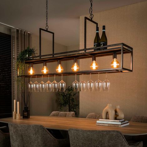 Suspension îlot cuisine métal brun avec support verres à pied 6 lampes RALF (1/5)