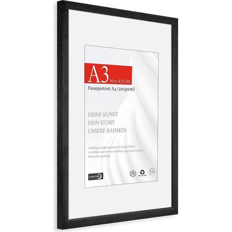 Bilderrahmen A3 (29,7x42cm) Naturholz Schwarz mit Passepartout A4 (21x30cm) Wandmontage (1/5)