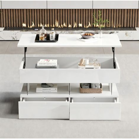 Couchtisch MDF Weiß 100 cm höhenverstellbar mit Stauraum, 2 Schubladen und LED (1/5)