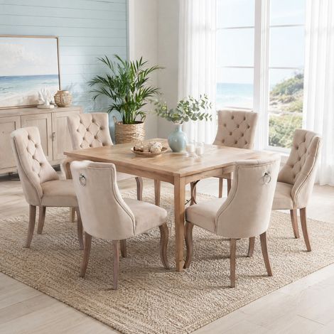 Sedia da pranzo in velluto beige, schienale alto, capitonné con bottoni, set da 6 DESVIAE (1/5)