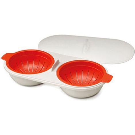 JORMFTTE Pocheuse à œufs double pour micro-ondes, ensemble de chaudière à œufs en silicone comestible à 2 cavités Label
