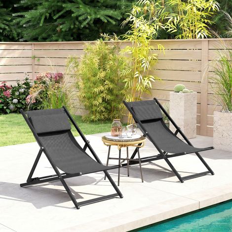 Conjunto de 2 Tumbonas Plegables de Aluminio con Respaldo Regulable en 5 Posiciones y Reposacabezas 60x100x85 cm Gris (1/5)