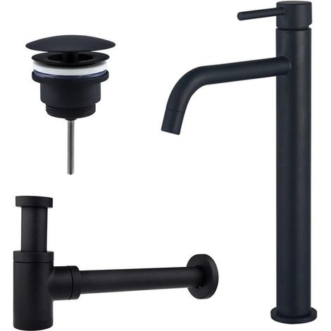 Fortifura Calvi Slim Kit mitigeur lavabo - robinet rehaussé - bonde non-obturable - siphon design bas - Noir mat