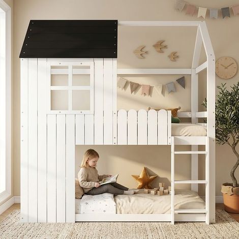Lit mezzanine pour enfant, 90x200cm, fenêtres, forme de maison, escalier à trois marches, rambarde sur tout le pourtour, blanc+noir (1/5)