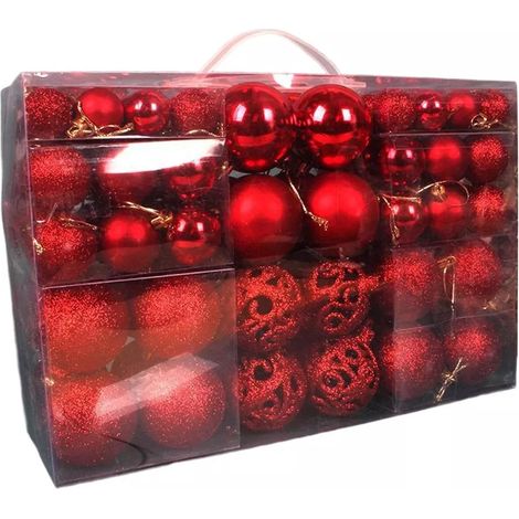 Boules de Noël 3-6 cm, lot de 100 dans une boîte en PVC, boules roses brillantes et mates avec motifs découpés pour décorer le sapin de Noël - (Rouge) (1/5)