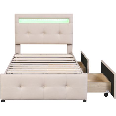 Lit capitonné 90x200 cm avec lumières LED, 2 tiroirs, rembourrage en lin doux pour la peau, lit simple plat, lit enfant, lit ado, lit d'appoint (beige) (1/5)