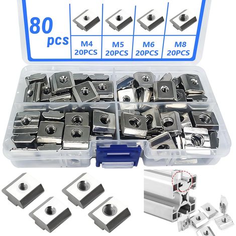 80 Pièces Écrou à Rainure en T, Ecrou Profilé Aluminium M4/ M5/ M6/ M8 avec Boîte de Rangement Écrous en T Coulissant pour Fente D'extrusion de Profil en Aluminium Série 30 (1/5)