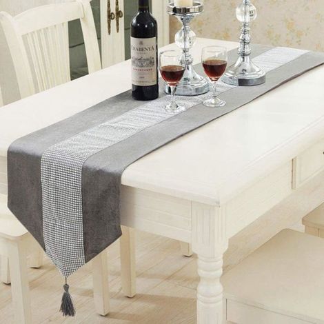 Chemin de table luxueux en velours et strass, velours épais, chenille, satin (velours argenté, chemin de table 32 x 180 cm) (1/4)
