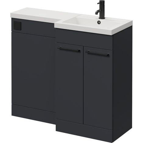 Napoli 390 Gloss Grey 1000mm 2 Door Vanity Unit Toilet Suite with Right Hand Square Lucia Basin - 1000mm - Matt Black 160mm HandleWithout Kingston Toilet Pan